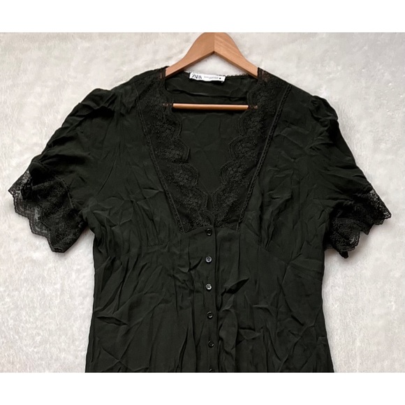 Zara Blogger’s Favorite Olive Green Vintage Lace V-Neck Button Down Midi Dress - Picture 11 of 16